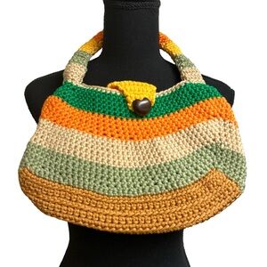 Crochet Handmade Striped green, yellow, Orange, Yellow, tan Bag nwot